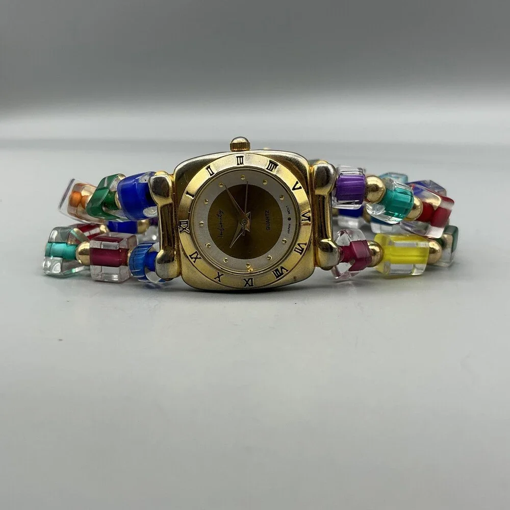 Infinity Womens Watch 24mm Gold Tone Multicolor Bead Bracelet New Battery 6.75